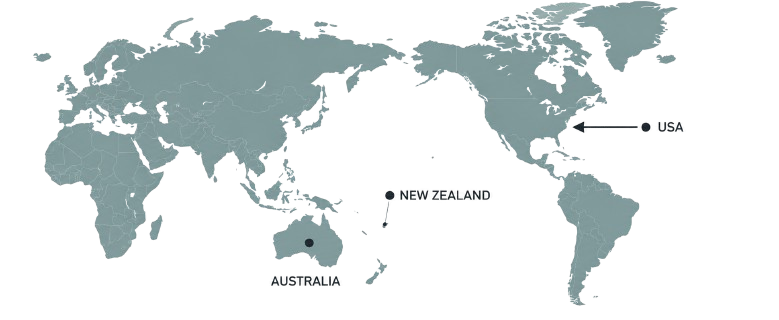 World map showing Taveuni export destinations — USA, Australia and New Zealand